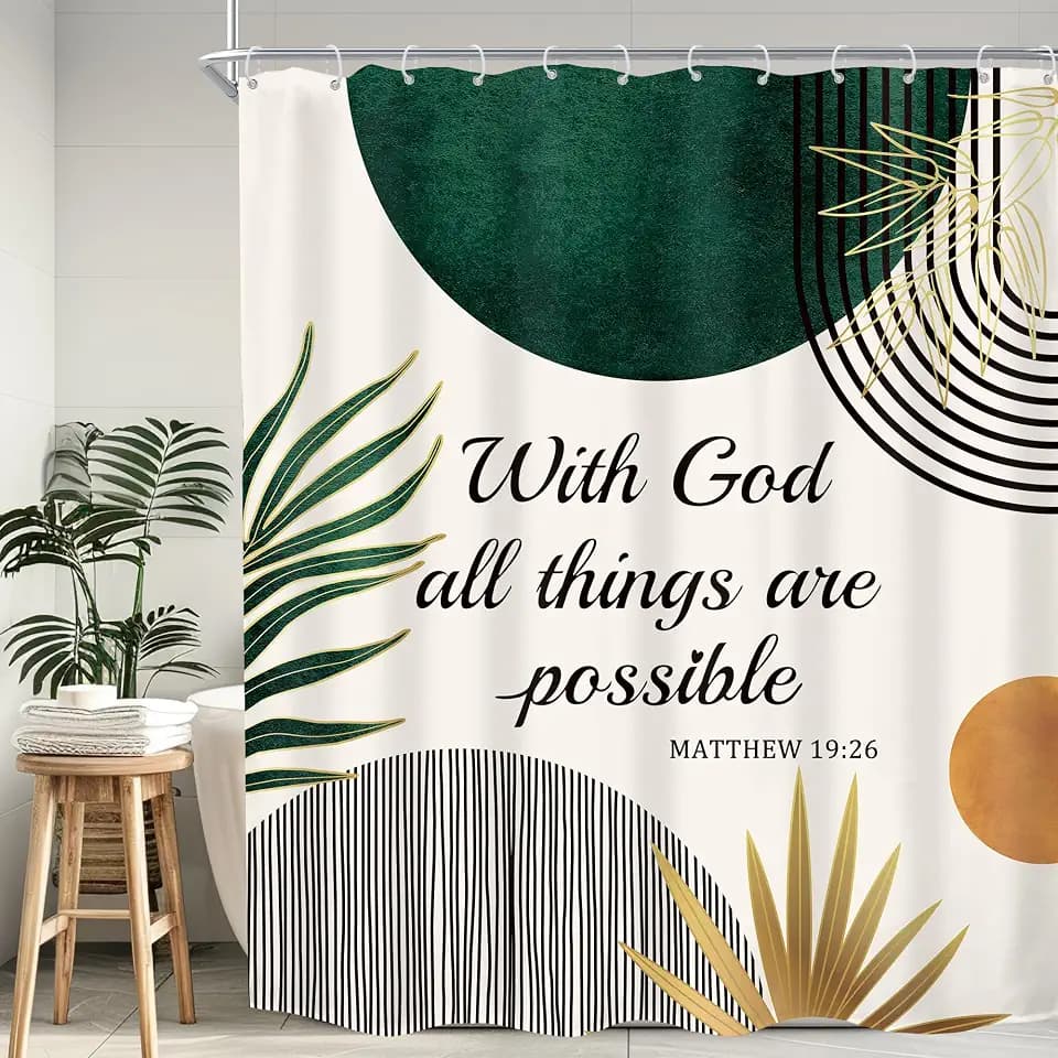 KOMLLEX Boho Green Shower Curtain 60Wx72H Abstract Christian Bathroom Decor Bible Verse Quotes Mid Century Gold Leaves Minimalist Neutral Arch Scriptures Fabric Waterproof Polyester 12 Pack Hooks