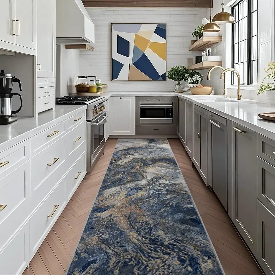 Abstract Washable Runner Rug for Kitchen: Modern Blue 2x10 Hallway Runner for Entryway Bedside Indoor - Stain-Resistant Machine Washable Thin Low Pile Pet Friendly