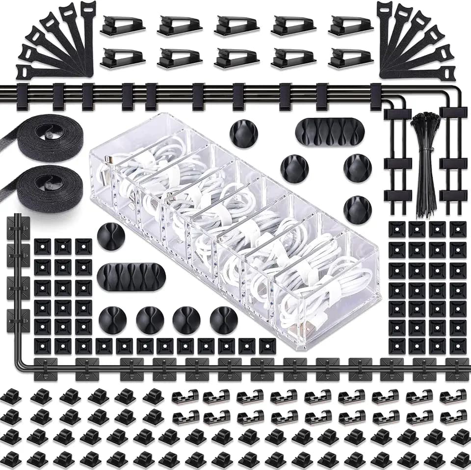 MiuCo 255Pcs Kabelmanagement Set Mit Kabelbox, Kabelhalter Selbstklebend, Silikon Kabelclip, Kabelbinder, Selbstklebende Klettband, Rollenkabelbinder fur Desk PC Kabel, Organizer Set fur Schreibtisch