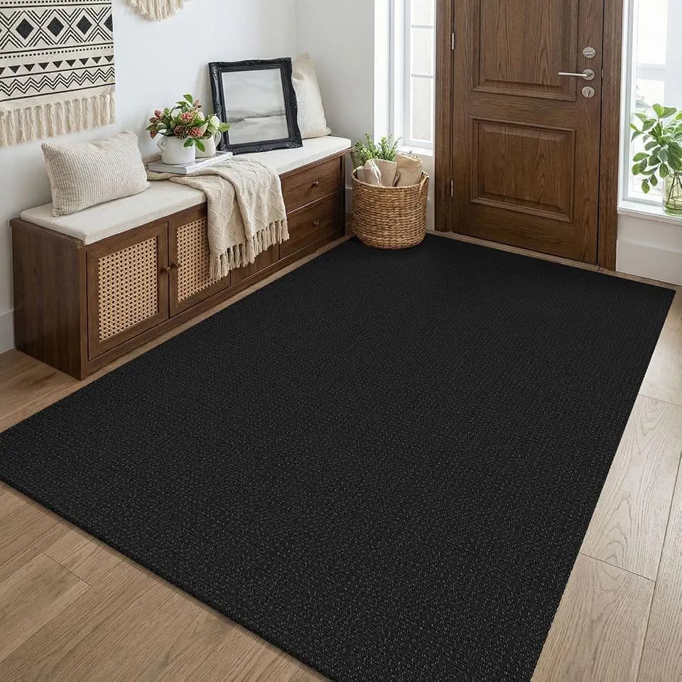 KOZYFLY Black Washable 4x5 Entry Woven Area Rug, Braided Throw Rugs for Entryway, Non Slip Door Mat Indoor Entrance, Flatweave Carpet for Foyer, Bedroom, Dining, Office, Black/Dark Grey