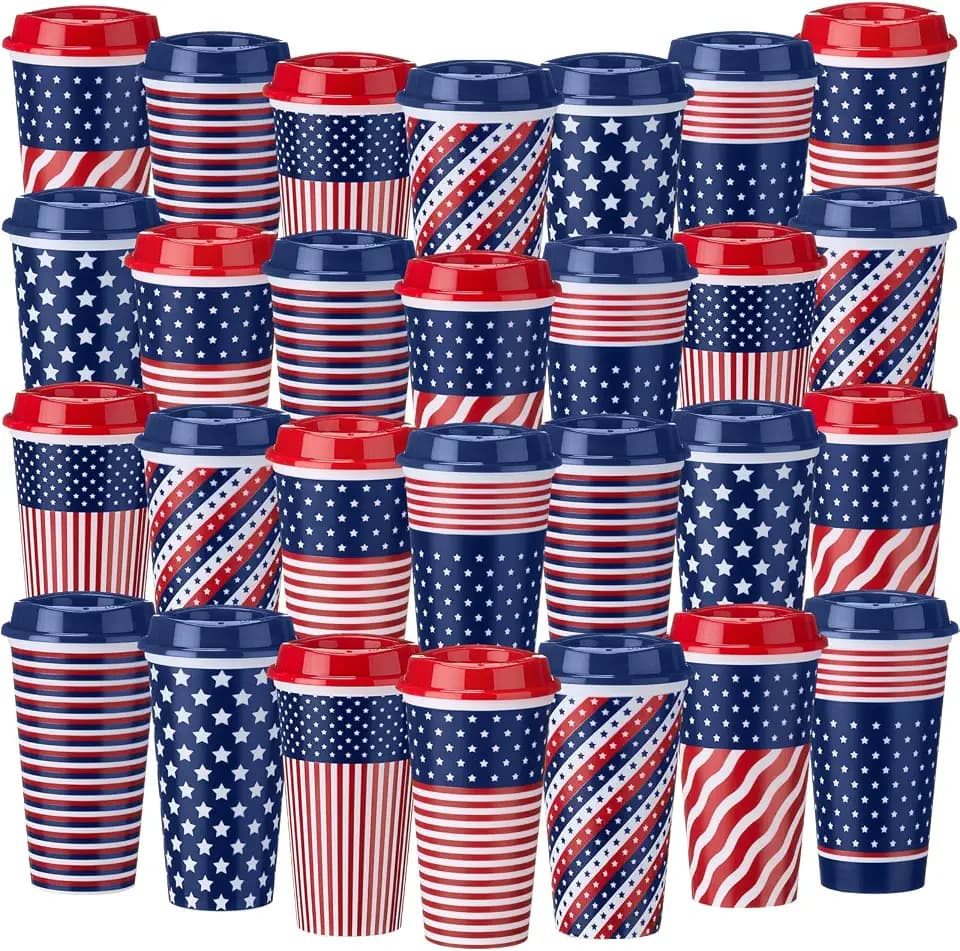 Pickmesh 28 Pack Veterans Day Plastic Cups 16 oz Tumblers with Lid