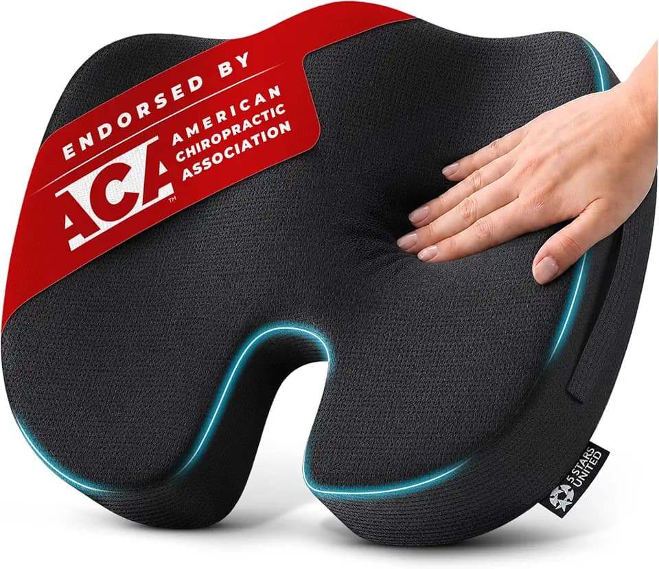 5 STARS UNITED Seat Cushion - Memory Foam Chair Pad for Tailbone Pain Relief - Ergonomic Support for Coccyx, Sciatica & Butt - Office, Desk & Gaming Chair, Car Seat, Wheelchair, Airplane, Black