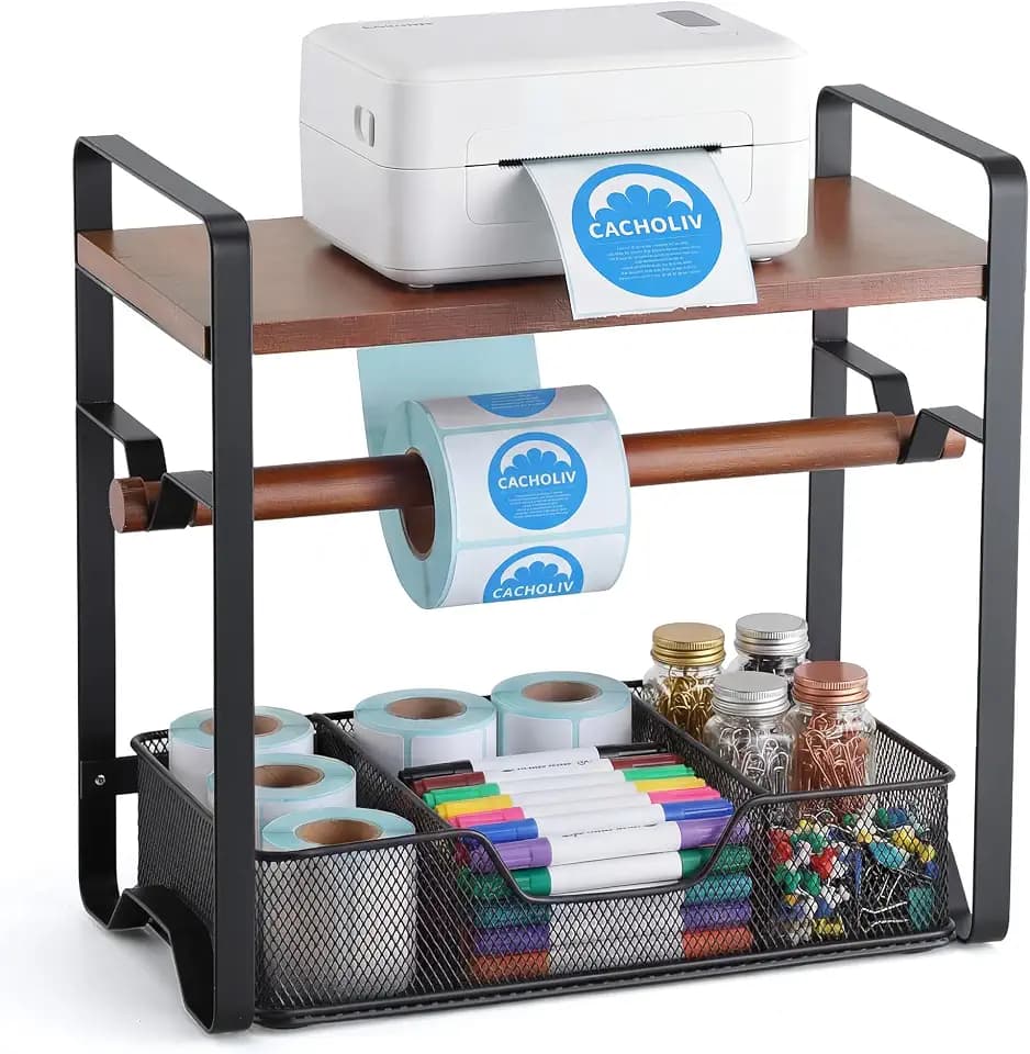 Label Holder for Thermal Printer - Sticker Roll Dispenser - Shipping Lable Holder for Rolls and FanFold Labels - Thermal Printer Stand for Home, Office, Small Business (Walnut-Black)