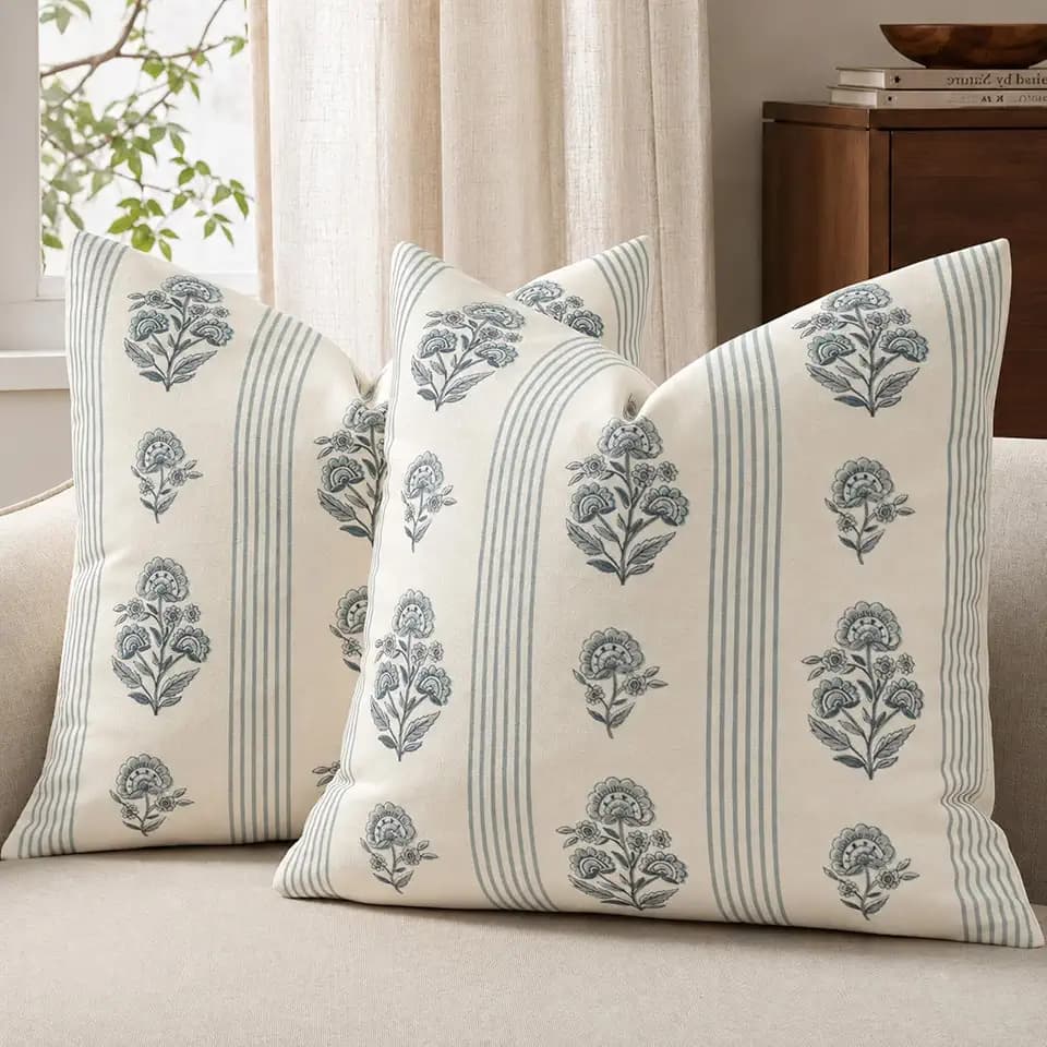 Vintage Throw Pillow Covers 18x18 Set of 2, Striped Floral Pillow Cover Botanical Patterned Decorative Cushion Covers Modern Farmhouse Home Decor for Sofa Couch Bed Living Room, Dusty Blue