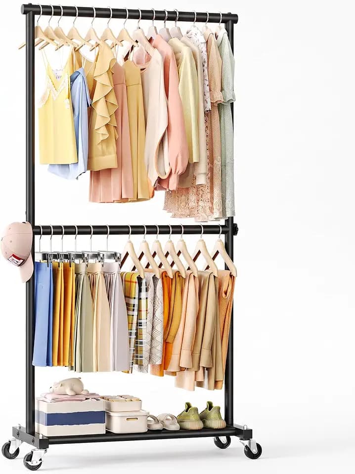 Double Rod Clothes Rack, 35" Wide Hanging Rack for Clothes, Portable Clothing Racks for Hanging Clothes, Rolling Garment Racks with Wheels for Bedroom Closet, Black