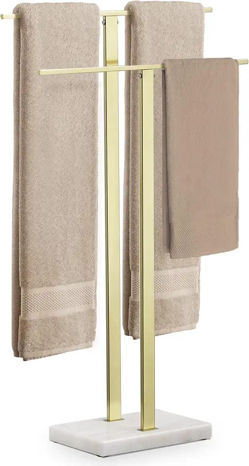 KES Standing Towel Rack with Heavy Marble Base, 2-Tier, Brushed Gold