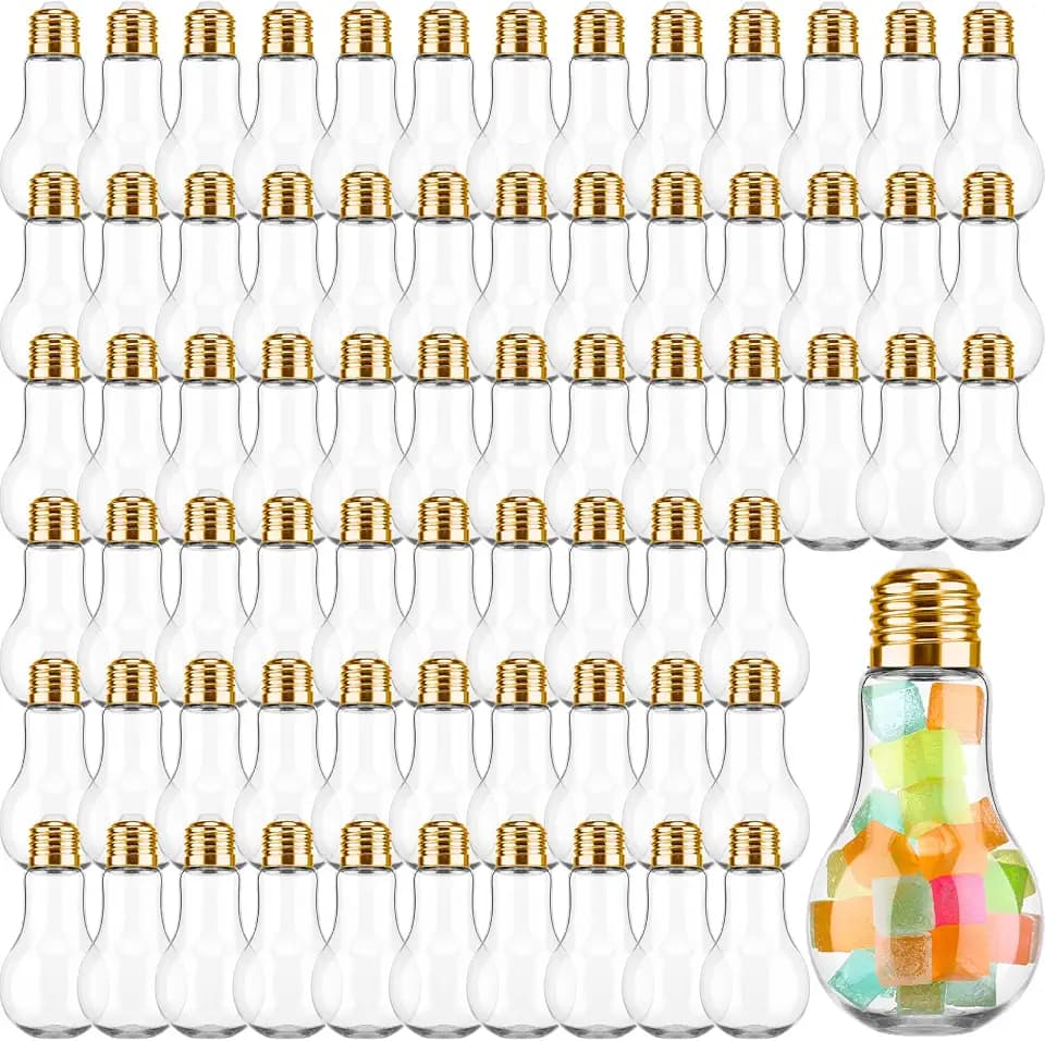 Potchen 72 Pcs Plastic Bulb Jar Light Bulb Shaped Acrylic Candy Boxes 3.4 oz Fillable Plastic Light Bulbs for Crafts Gift Lightbulb Candy Containers for Party Favors Supplies (Gold Lid)