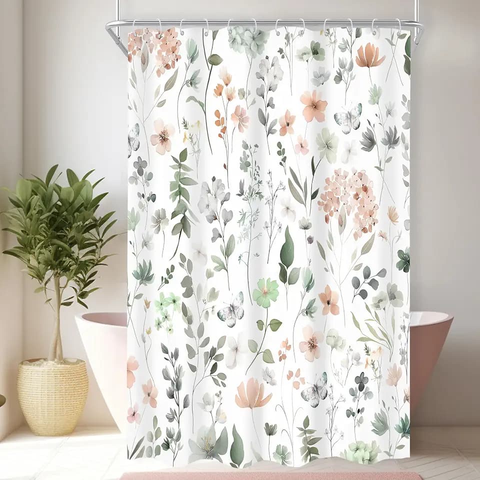 Cute Green Pink Floral Stall Single Wildflower Bathroom Shower Curtain Set