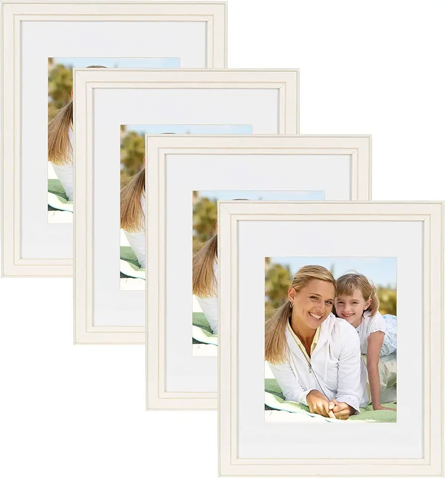DesignOvation Kieva Solid Wood Picture Frames, Distressed Soft White 11x14 matted to 8x10, Pack of 4