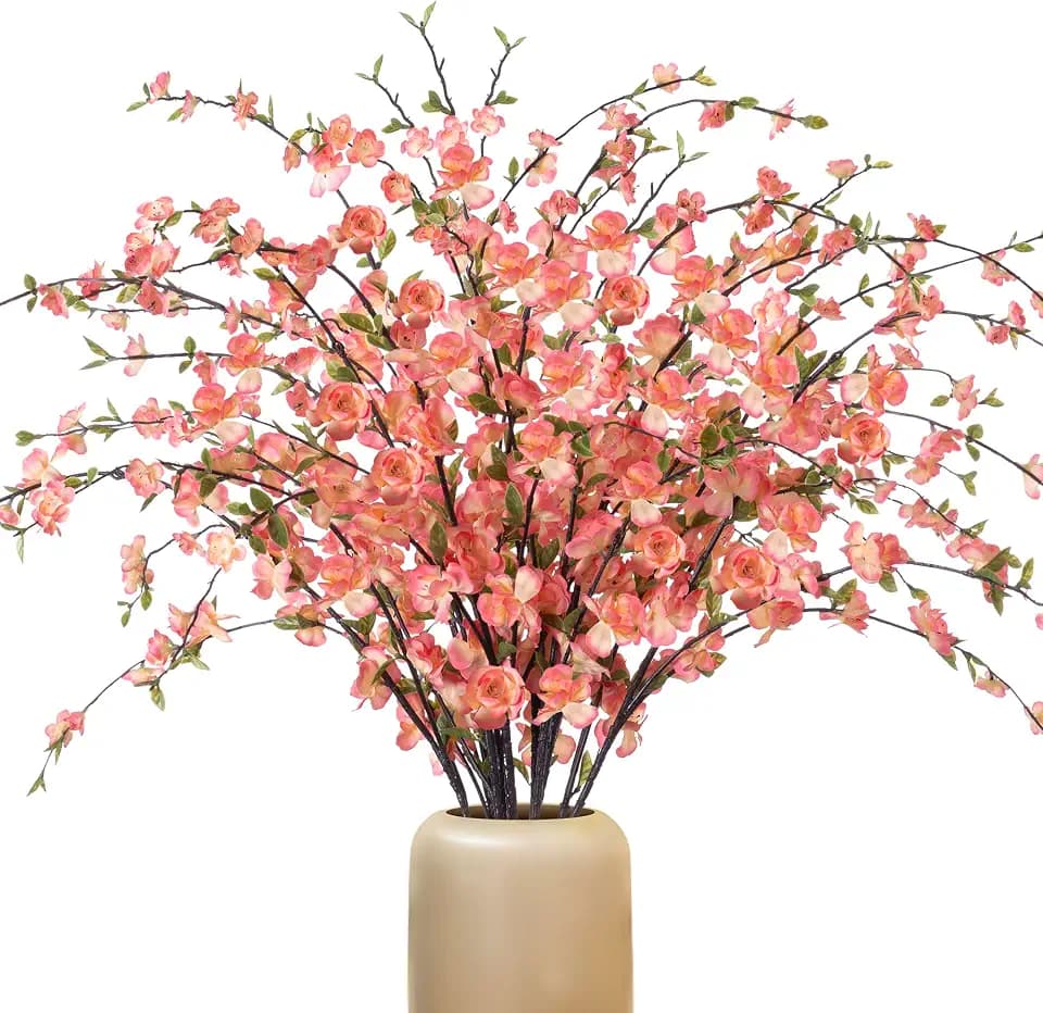 Ammyoo 4 Pcs Artificial Cherry Blossom Flowers for Indoor Spring Decor, Faux Long Stem Peach Branches for Home Wedding Table Vase Summer Centerpieces Arrangement Decoration(Champagne)