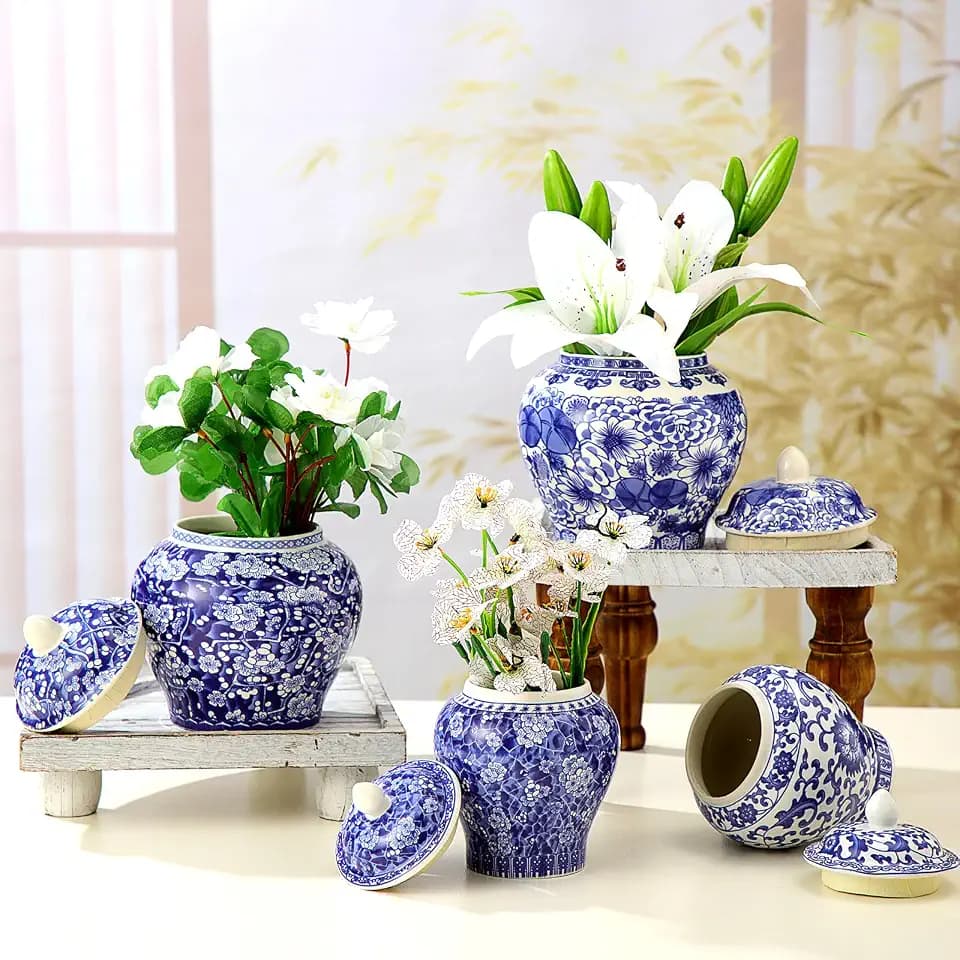 4 Pcs Small Blue and White Vases Chinoiserie Porcelain Vase, Classical