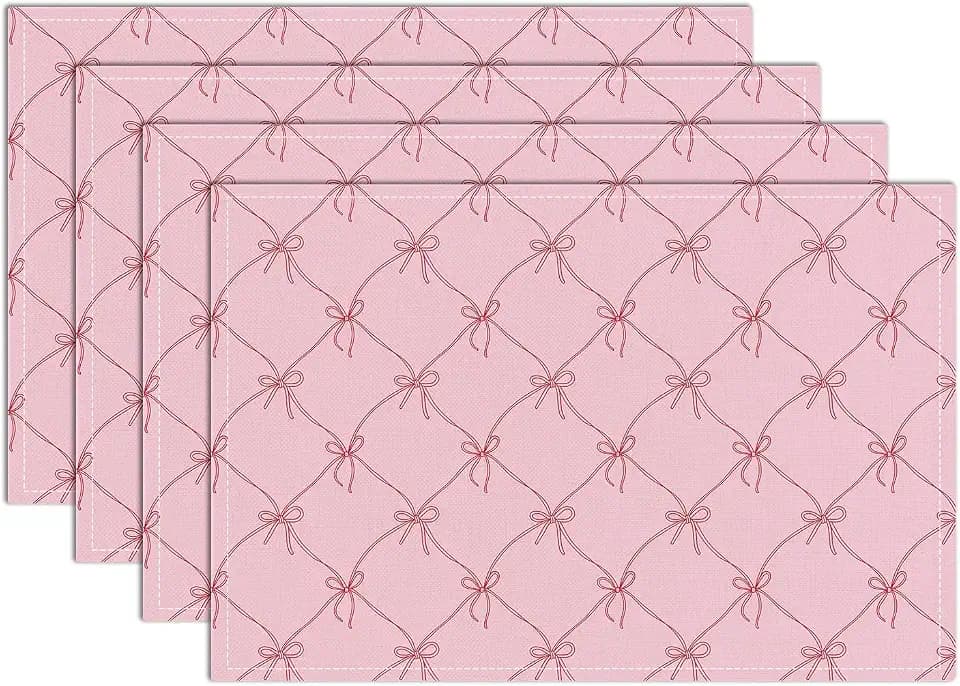 Set of 4 Pink Bow Placemats, Wipeable Washable Heat-Resistant Linen Fabric Table Place Mats, Non-Slip Cute Placemat for Kitchen Table Wedding Party Indoor/Outdoor Decor 12x18 Inch /02