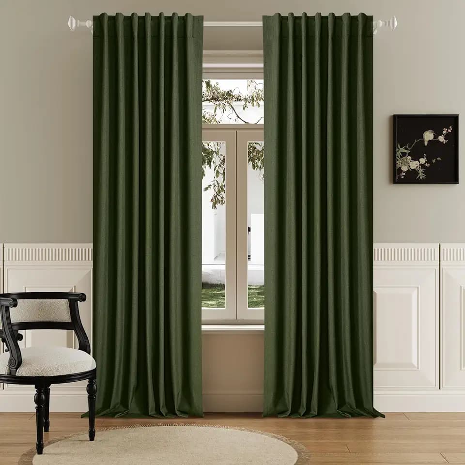 96 Inch Long Blackout Curtains - Extra Wide Thermal Insulated Sun Block Out Bedroom Linen Curtains 8 ft Window Covering Back Tab Rod Pocket Drapes for Hall Living Room W84 x L96,2 Pcs, Olive Green