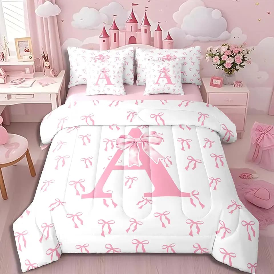 Erosebridal 7Pcs Initial Letter A Comforter Set Twin Cute Monogrammed Bowknot Bedding Set for Kids Girls Pink Bow Princess Bed in a Bag Modern Simple Pink White Bow Knot Sheet Set with Comforter
