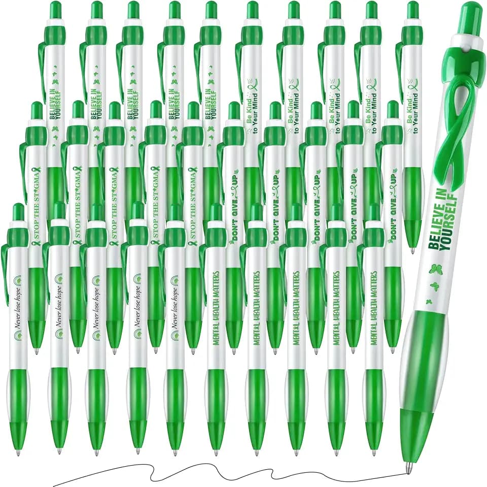 Aodaer 144 Pieces Mental Health Awareness Ballpoint Pens 6 Style Green Ribbon Retractable Gel Pens with Soft Grip Mental Health Black Ink Motivational Pens for Mental Health Charity Office Favor Gifts