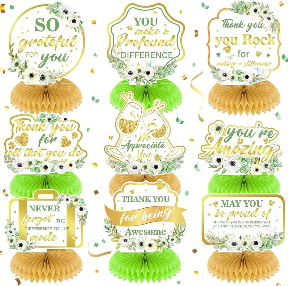 9Pcs We Appreciate You Decorations Thank You Table Honeycomb Centerpieces Appreciate Table Topper Decor for Labor Day Teacher Doctor Nurse Employee Graduation Appreciation Party Supplies