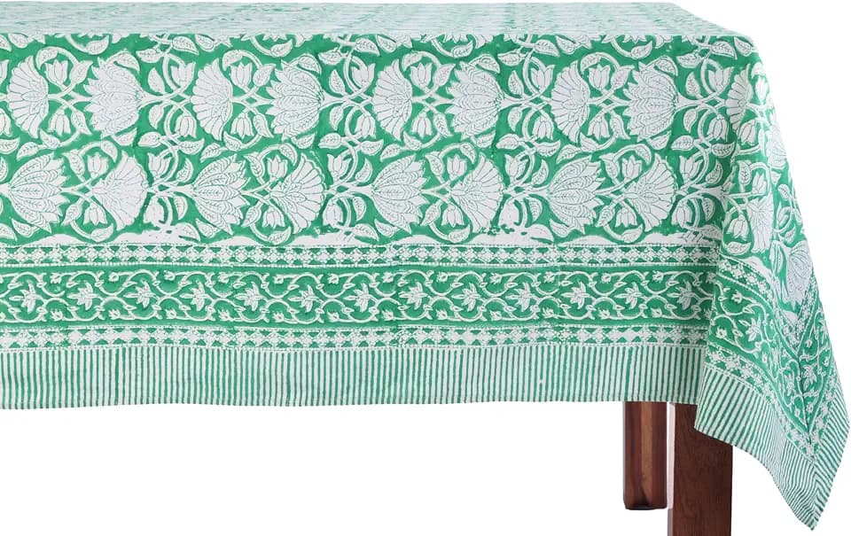 ATOSII Cotton Blockprint Square Table Cloth, Meadow Green, 60" X 60"