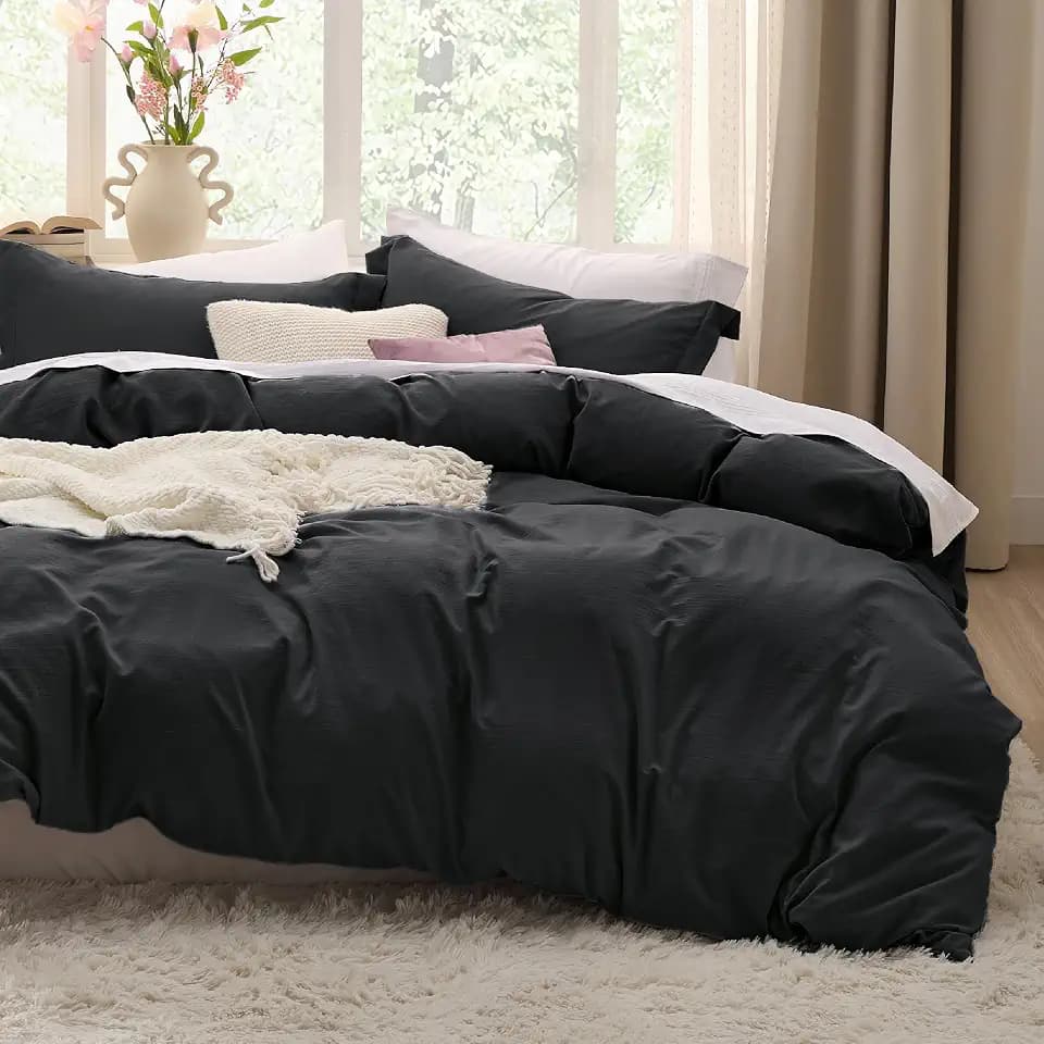 Bedsure Prewashed Oversized King Duvet Cover, Cotton-Like Soft Set, Black
