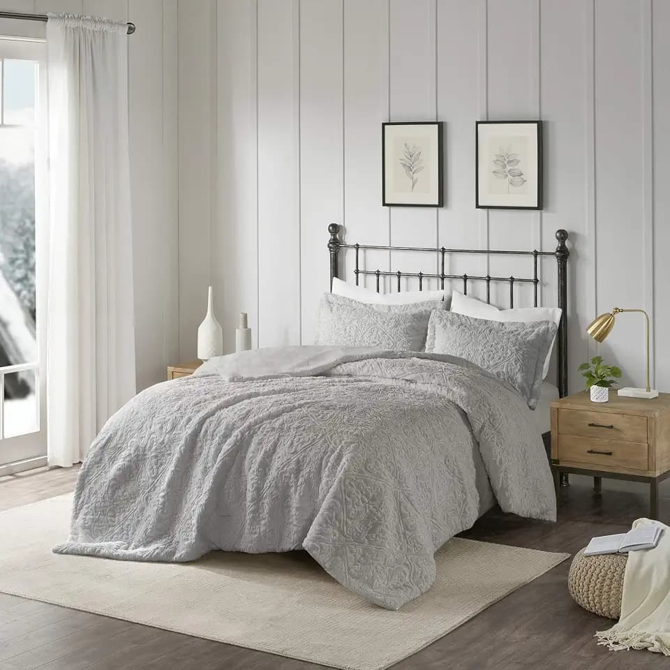 Madison Park Bismarck Full/Queen Size Bed Comforter Set - Grey, Embroidered Medallion – 3 Pieces Bedding Sets – Faux Fur Plush Bedroom Comforters