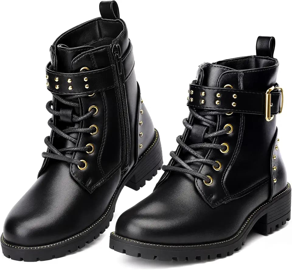 Girls Combat Boots Lace Up Side Zipper Black