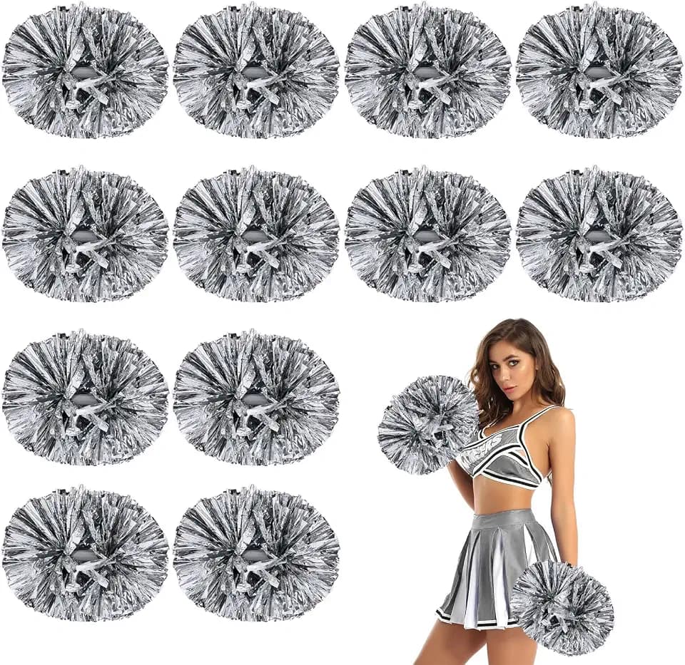 12 Pcs Metallic Cheerleading Pom Poms, 12Inch Cheerleader Pompoms with Baton Handle, Cheerleading Flower Ball for School Team Sports Games Dance Cheering Cheer Pom Poms for Kids Adults