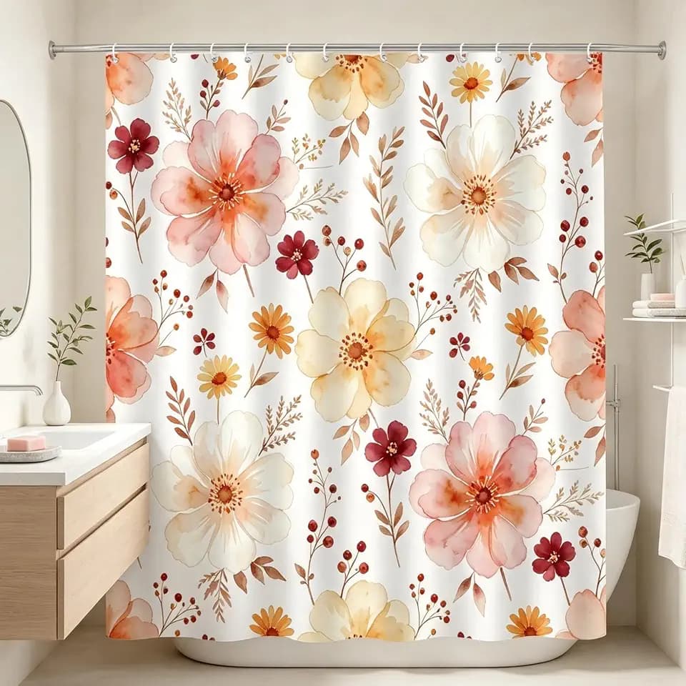 Boho Fall Floral Shower Curtain Watercolor Wildflower, 70 x 70 Inch