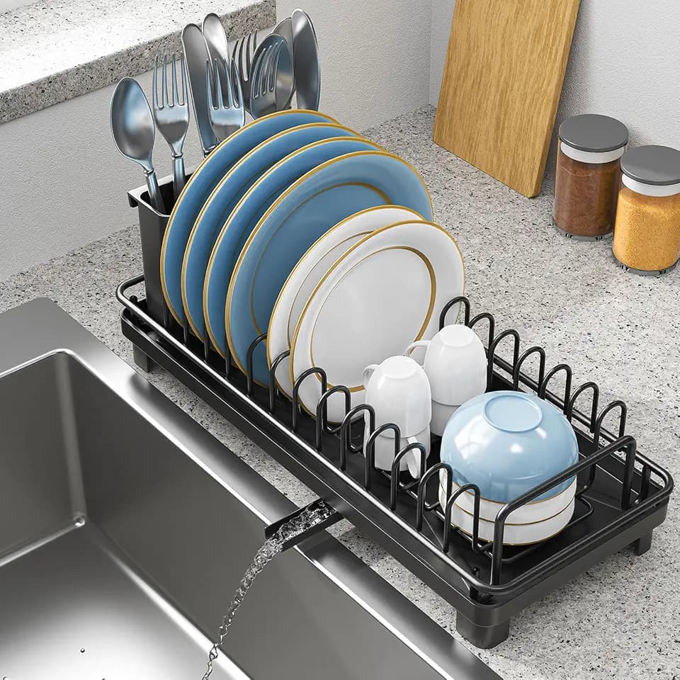 XYZLVSI Small Sink Dish Drying Rack, Compact Dish Drainer with Drainboard
