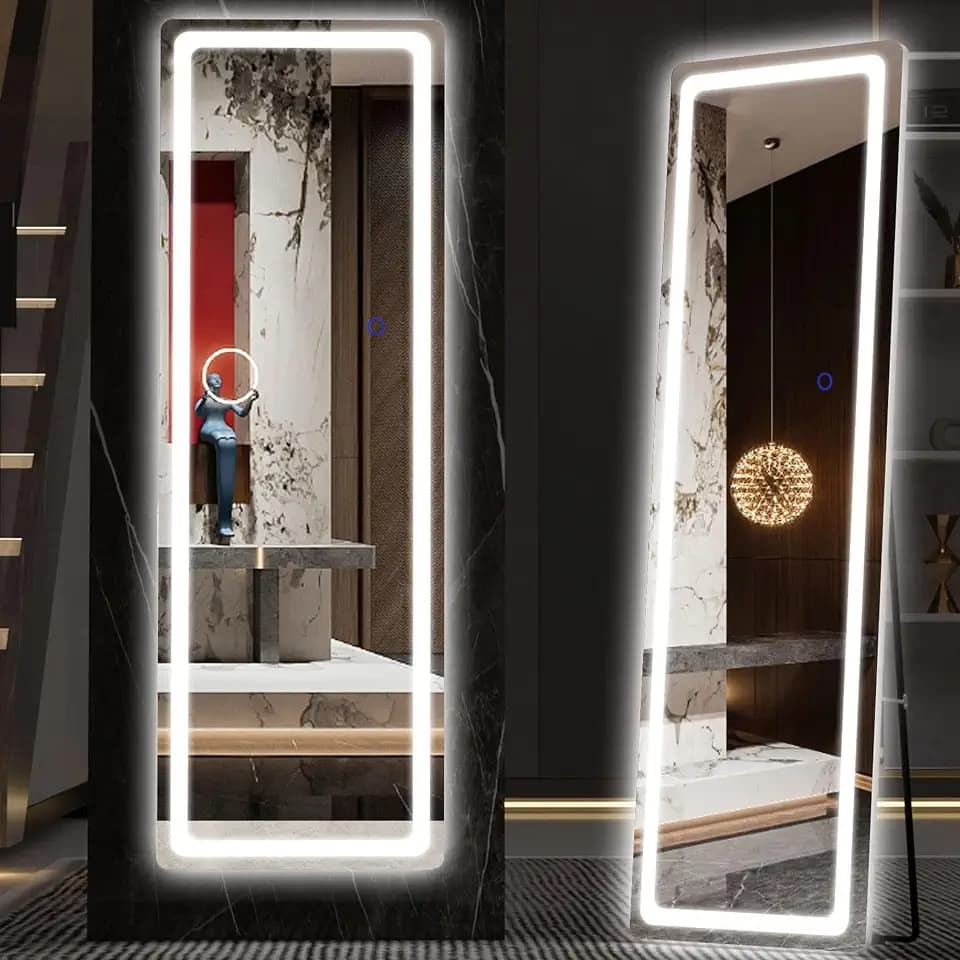 Hasipu Full Length Mirror with Lights, 56" x 16" LED Floor, Full Body Dressing Standing, Hanging Mounted Mirror, Round White