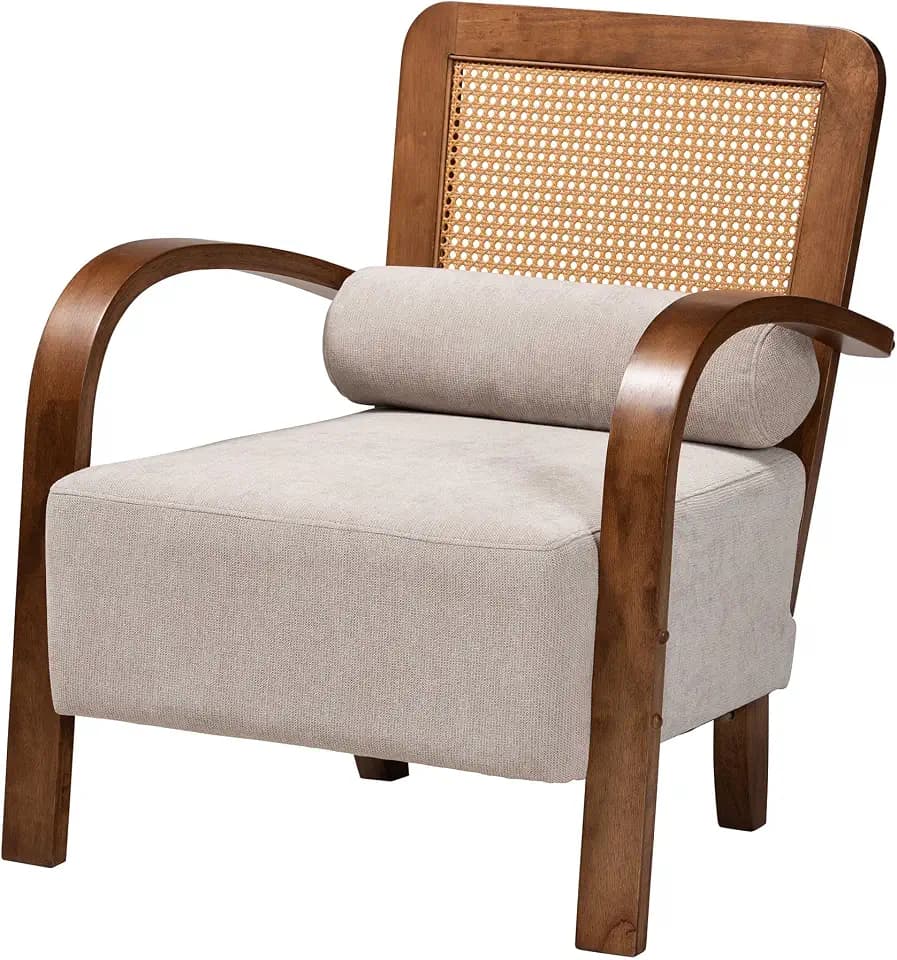 Baxton Studio Sage Modern Japandi Light Grey Fabric and Walnut Brown Finished Wood Arm Chair with Woven Rattan