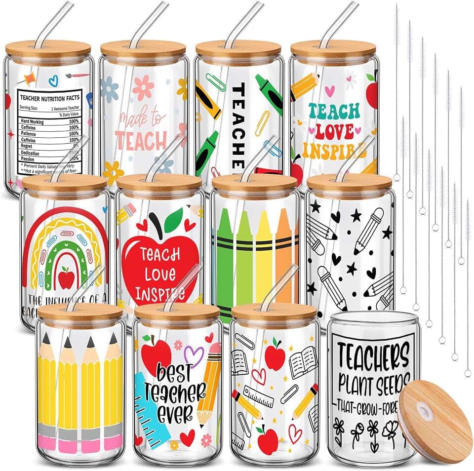 12 Sets Back to School Teacher Gifts Bulk 16 oz Apple Crayon Pencil Glass Cup with Lid and Straw Iced Coffee Tumbler for Teacher from Students First Day of School Party Favors