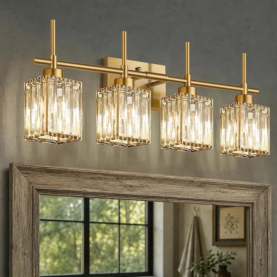 Torondo Modern Crystal Bathroom Vanity Light 4-Lights Brushed Gold Bathroom Light Fixtures Over Mirror Brushed Gold Vanity Lighting Fixtures Square Shade Brass Wall Sconce (Bulbs Not Include)
