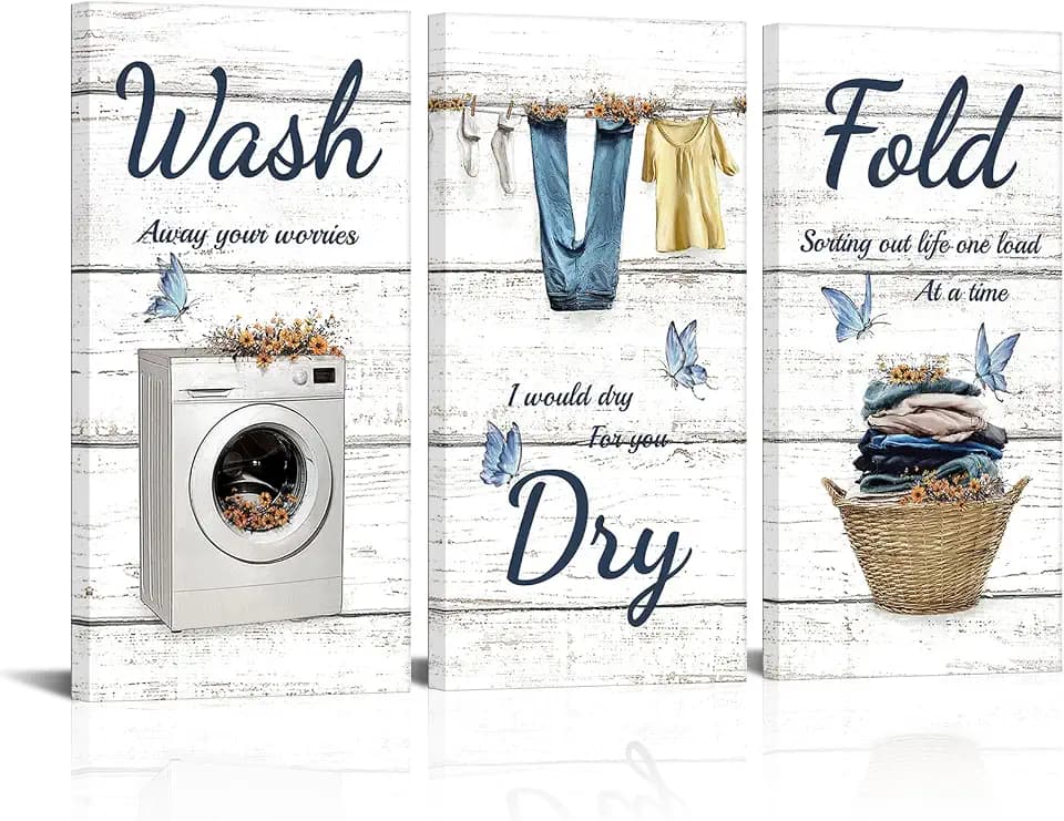 WELMECO Laundry Signs Laundry Room Wall Decor Wash Dry Fold Picture Framed Prints Farmhouse Laundry Decor 6x12inchx3Pieces (Blue)