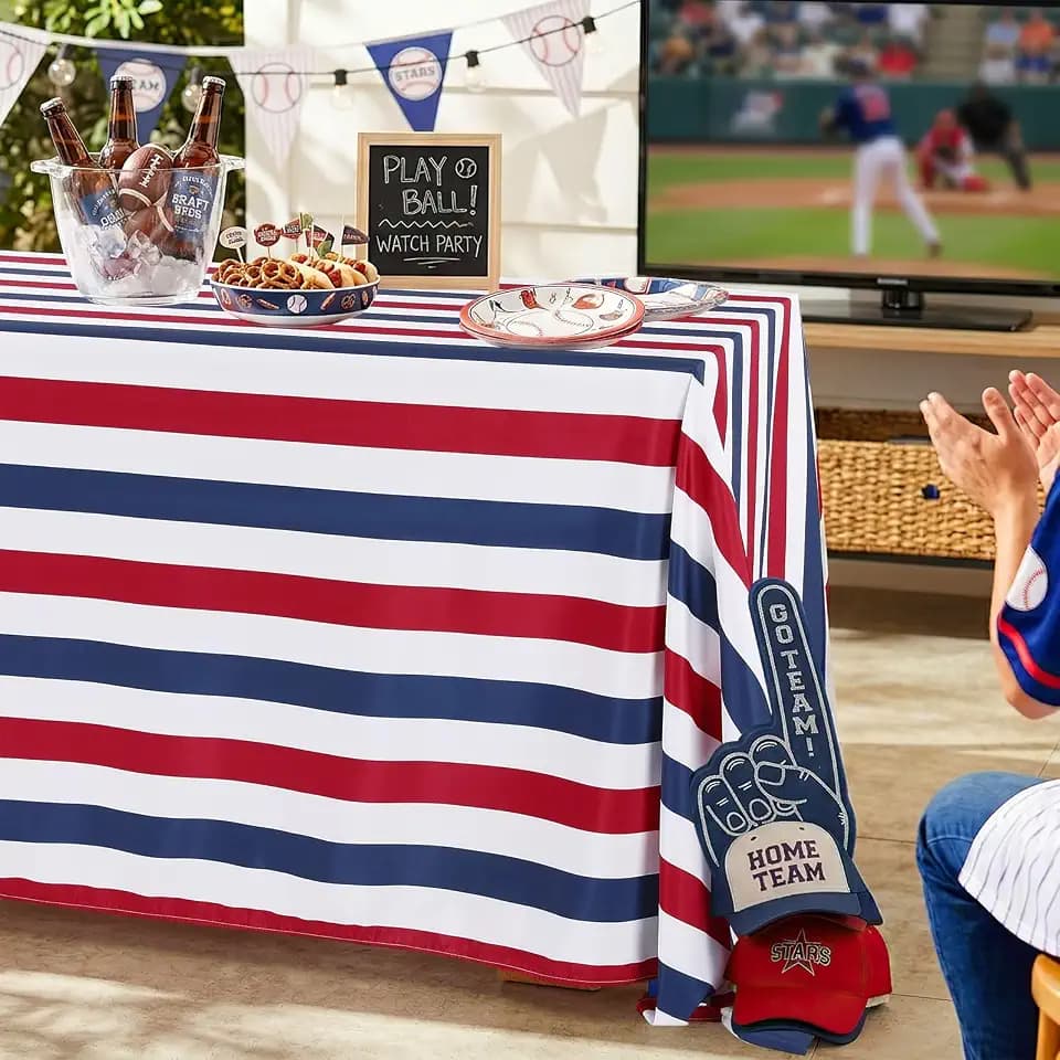 Red White Blue Striped Rectangle Tablecloth 57x84Inch Patriotic Party Decor