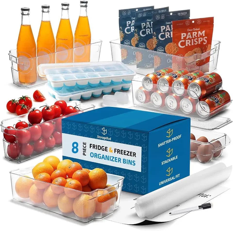 Hearth & Harbor 56 Piece Fridge Organizer Bins - Set of 32 Clear Bins with 16 Shelf Liners, 4 White Boards and 4 Markers - Stackable Containers With Handles