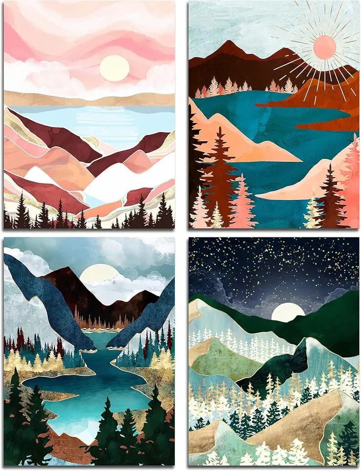 Muzagroo Art Diamond Painting Kits for Adults, DIY 5D Diamond Art Kits for Beginners, Abstract Landscape Arts and Crafts for Living Room, 4 PCS Kids Room Wall Art