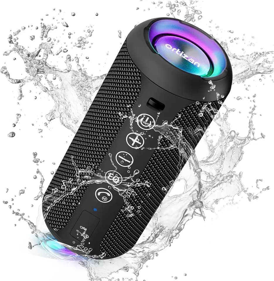 Ortizan Bluetooth Lautsprecher, Musikbox Bluetooth 5.3, Lautsprecher wasserdicht IPX7, RGB Licht, 30h Akku, Bass Boost, TWS Paarung, AUX, Micro SD, 3 EQ, Eingebautes Mikrofon für Reisen Camping