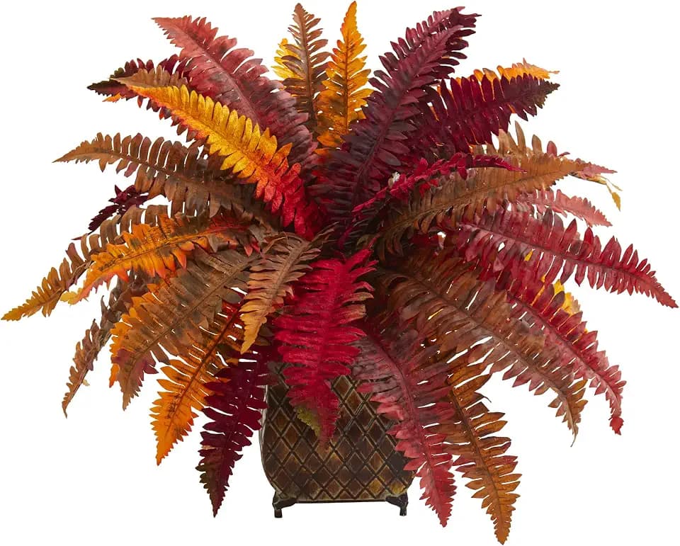 Nearly Natural Autumn Boston Fern Artificial Plant in Metal Planter
