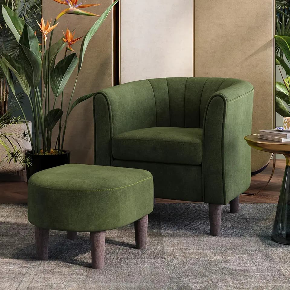 LINSY Accent Chair with Ottoman, Modern Barrel Chair Small Armchair Reading Chair with Footrest, Comfy Round Arms Chair for Living Room Bedroom Reading Room, Velvet, Olive Green
