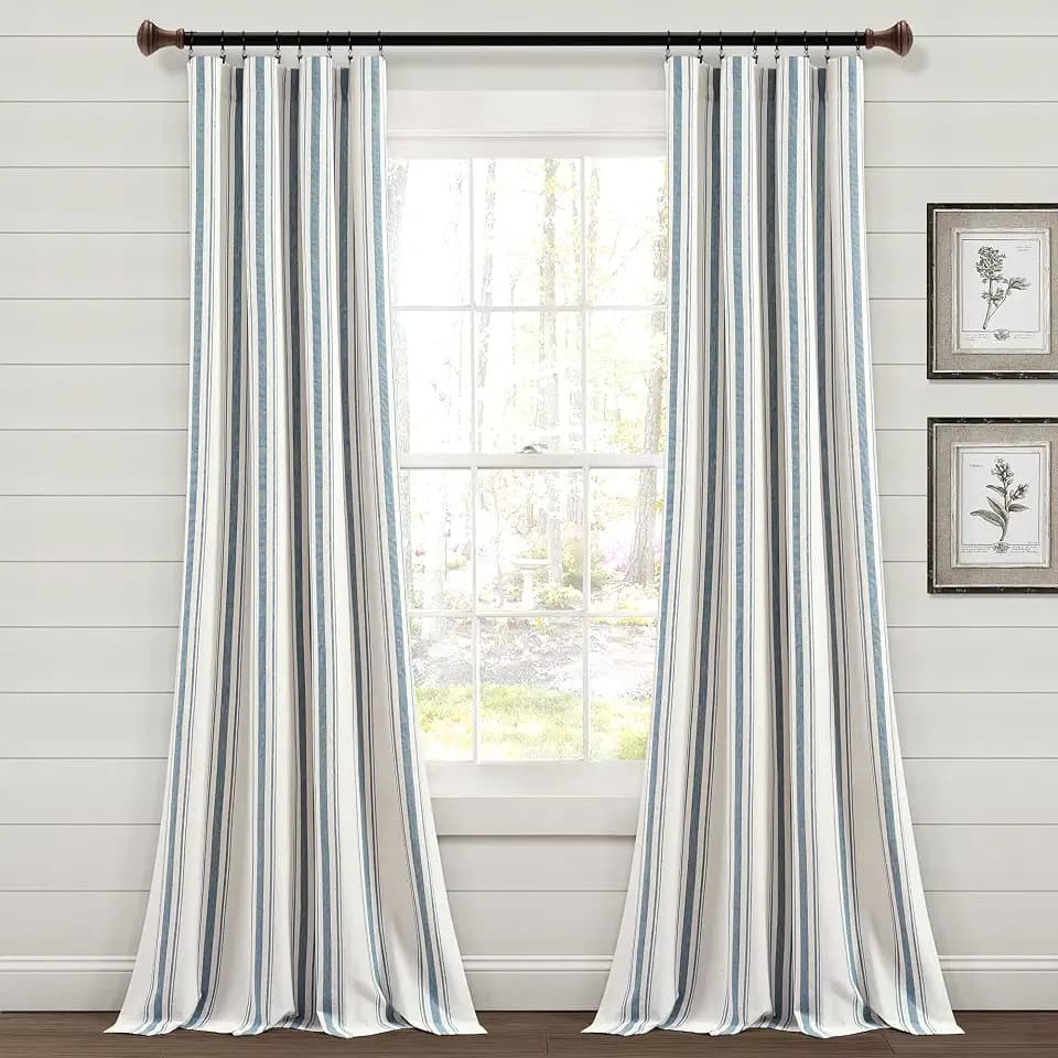 Lush Decor Farmhouse Stripe Yarn Dyed Eco-Friendly Recycled Cotton Window Curtain Panel Pair, 42" W x 95" L, Blue - Classic Modern Rustic Charm - Eco Friendly Cotton Fabric