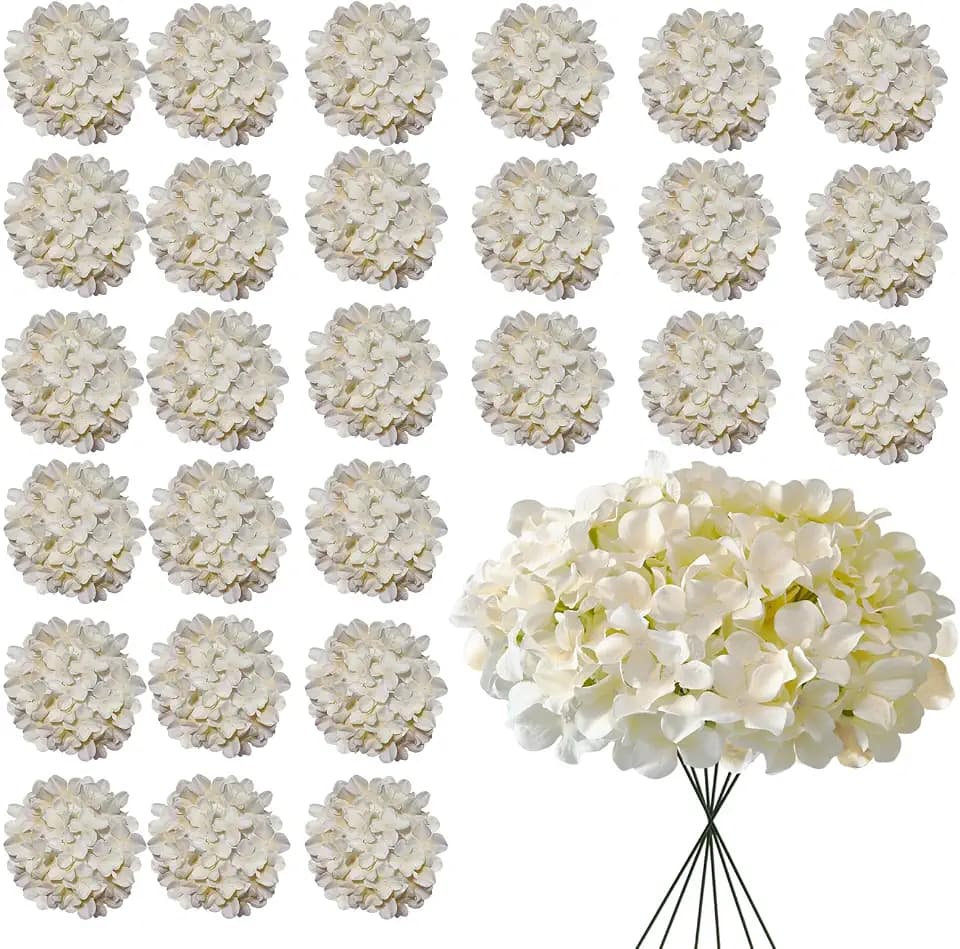 30 Pcs Hydrangea Artificial Flowers, Champagne Hydrangea Artificial Flowers Bulk, Faux Hydrangea Flowers for Outdoor, Fake Silk Ivory Hydrangea Flowers with Stems for Wedding Decoration Decor