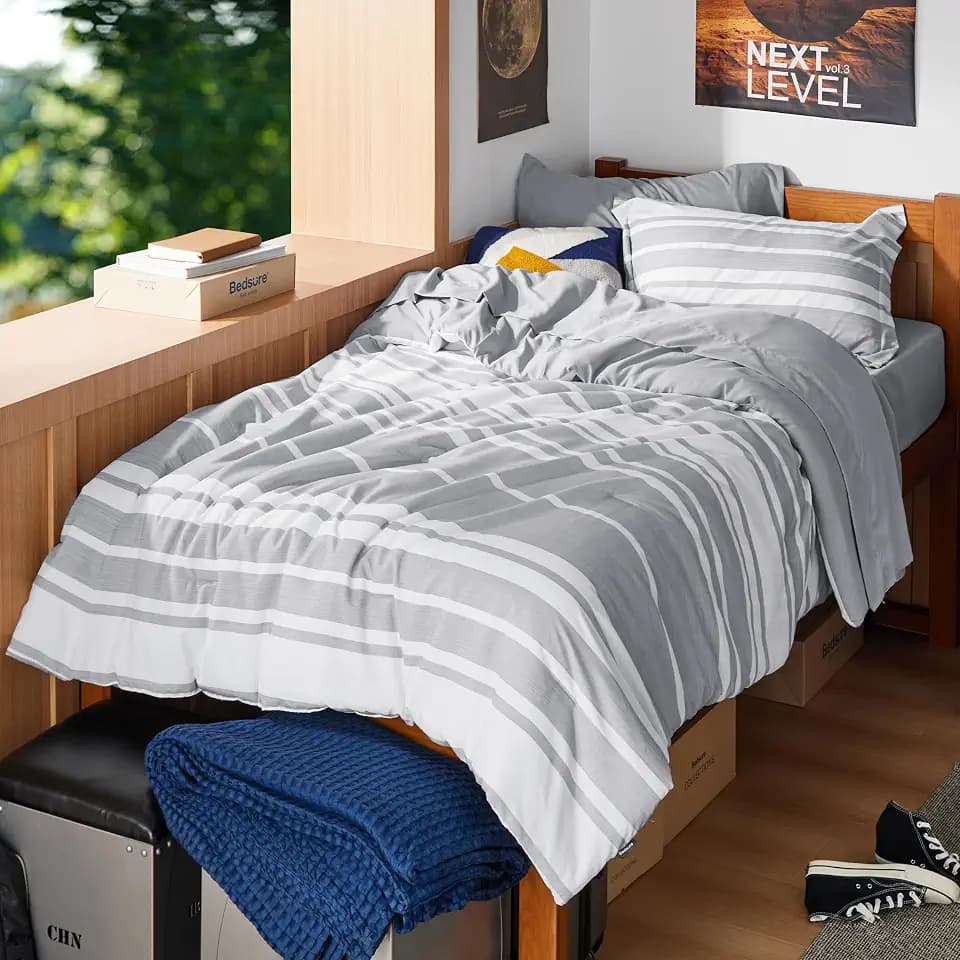 Bedsure Twin Comforter Set 5 Piece, Grey Striped, Reversible, All-Season