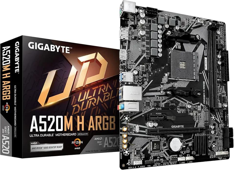 GIGABYTE A520M H ARGB Mainboard – Unterstützt AMD Ryzen 5000 Prozessoren, bis zu 5100 MHz DDR4 (OC), PCIe 3.0 x4 M.2, 1-GbE-LAN, USB 3.2 Gen 1