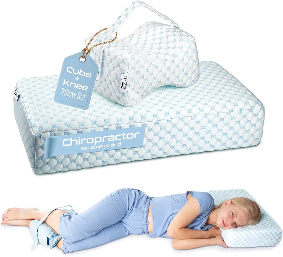 Dr. Zzz Cooling Cube Pillow and Knee Pillow for Side Sleepers, Bed Firm Memory Foam Pillows, Side Sleeper Pillows for Adults, Smooth Spine Alignment Cervical Neck Pillow for Neck Shoulder Pain Relief