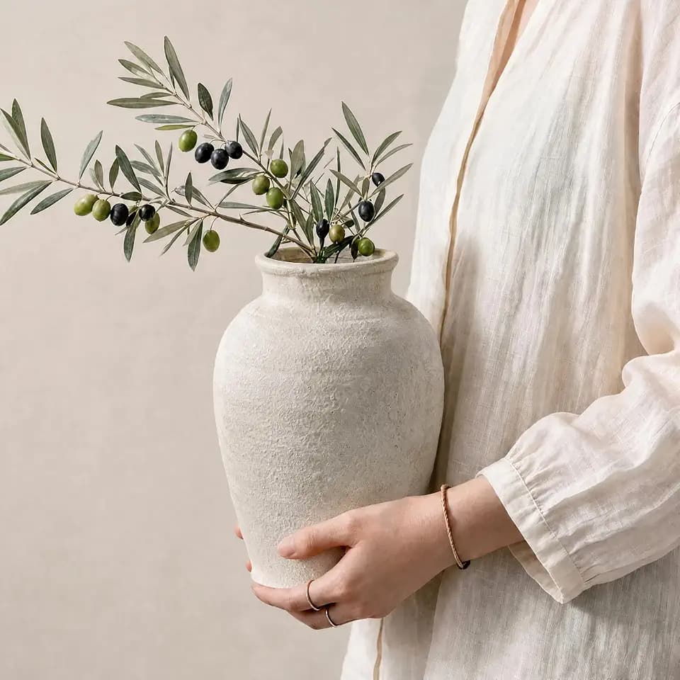 DomeStar Ceramic Flower Vase, 9 Inch Wabi-Sabi Stone Texture, Beige