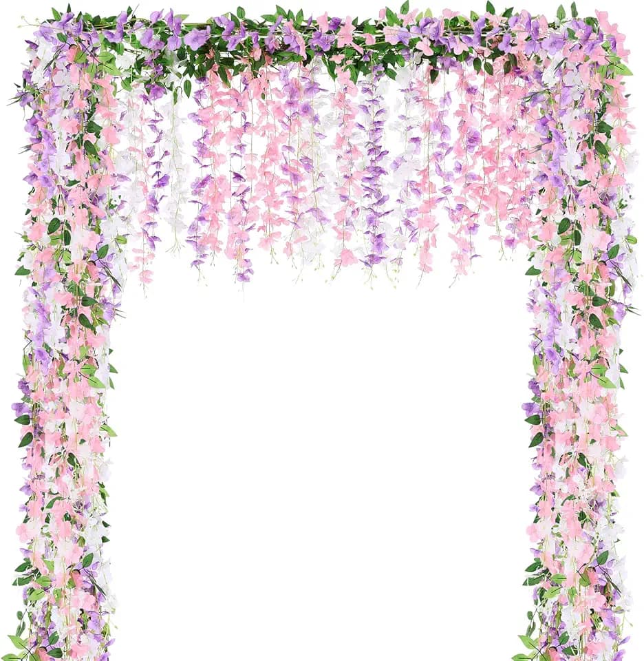 Thiccywoov 4pcs Wisteria Artificial Flowers Garland, 7.2Ft/Piece Wisteria Hanging Flowers Garland for Wedding Arch Decoration Outdoor Ceremony Home Backdrop Garden (Light Purple,White,Light Pink)