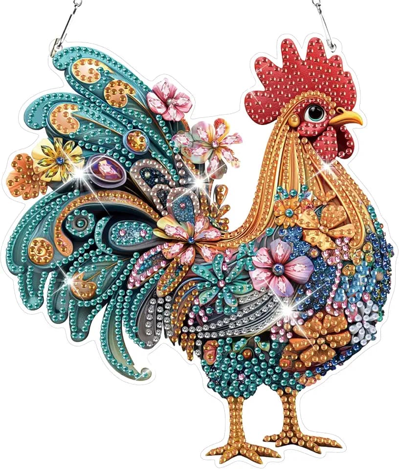 HEIBAGO Chicken Hanging Diamond Art Kits for Adults, Rooster Special Shaped Crystal Diamond Painting Ornament Kit, DIY Double-Sided Pattern Window Pendant Gem Art Kit for Home Wall Decor 8.3x8.3inch