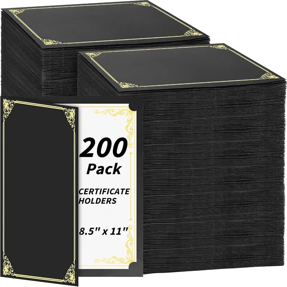 200 Pack Black Certificate Holders 8.5x11 Diploma Covers Folders