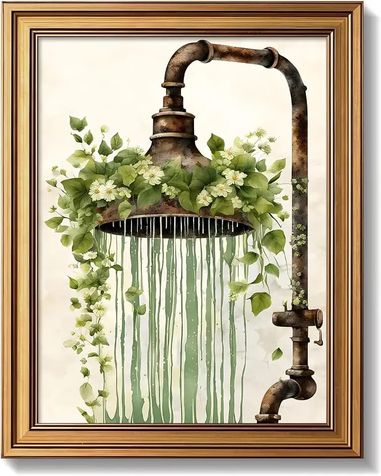 Gold Framed Botanical Bathroom Canvas Wall Art, Rustic Vintage Shower Poster Painting Print Picture, Farmhouse Greenery Floral Artwork, Cottagecore Bath Wall Decor for Bathroom Guest Restroom 8x10 Inch