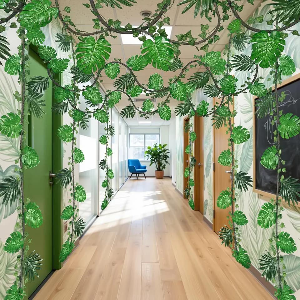 TOCHGREEN 2Pcs 9ft Jungle Theme Party Decorations Artificial Rattans 5 Ivy Fake Vines Tropical Rainforest Leaves Safari Plants with 30Pcs Tropical Palm Leaves for Indoor Outdoor Garden Party Decor