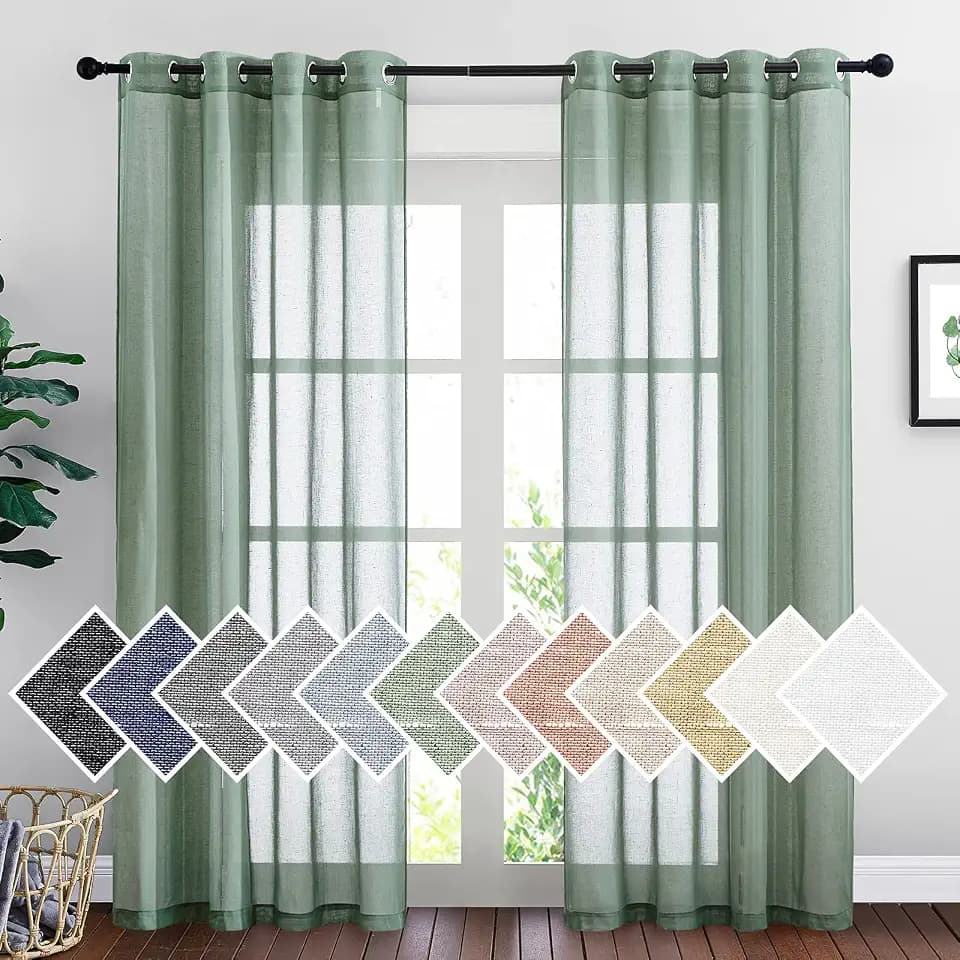 NICETOWN Linen Sheer Curtains Flax Textured for Living Room, Grommet Semi Sheer Vertical Drapes Privacy with Light Filter for Home Office/Farm House, W52 x L84, Olive Green, 1 Pair